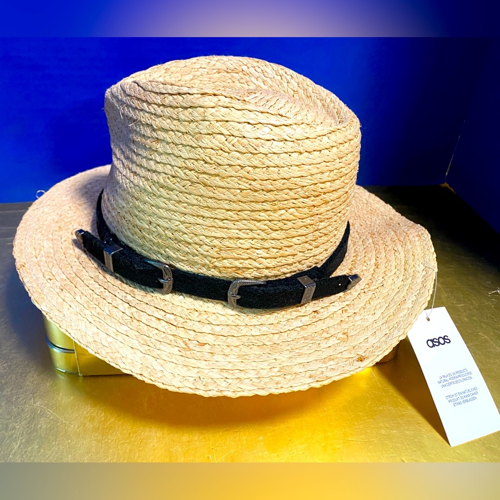 ASOS Natural Straw Panama Hat NWT  with Western Black Buckle Band Size M